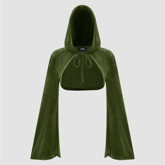 Cider Tops - Cider Velvet Hooded Long Sleeve Crop Top - Green - XS